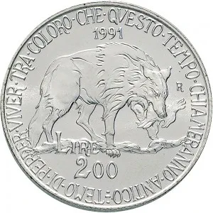 Repubblica Italiana Lire 1946 2001 Repubblica Italiana Emissioni in argento confezionate 200 lire 1991 Flora e fauna da salvare 1 tipo 27 mm 8,945 9,055 g Ag rovescio