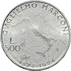 Repubblica Italiana Lire 1946 2001 Repubblica Italiana Emissioni in argento confezionate 500 lire 1974 Guglielmo Marconi 29 mm 10,945 11,055 g Ag rovescio