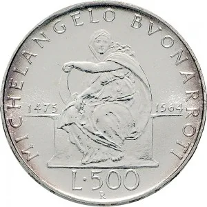 Repubblica Italiana Lire 1946 2001 Repubblica Italiana Emissioni in argento confezionate 500 lire 1975 Michelangelo Buonarroti 29 mm 10,945 11,055 g Ag rovescio