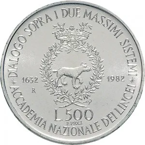 Repubblica Italiana Lire 1946 2001 Repubblica Italiana Emissioni in argento confezionate 500 lire 1982 Galileo Galilei Linceo 29 mm 10,945 11,055 g Ag rovescio