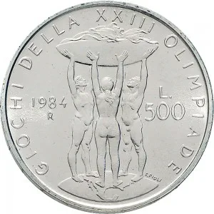 Repubblica Italiana Lire 1946 2001 Repubblica Italiana Emissioni in argento confezionate 500 lire 1984 XXIII Olimpiade di Los Angeles 29 mm 10,945 11,055 g Ag rovescio