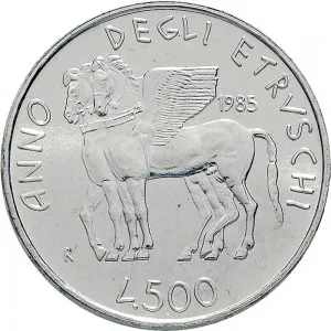 Repubblica Italiana Lire 1946 2001 Repubblica Italiana Emissioni in argento confezionate 500 lire 1985 Anno degli etruschi 29 mm 10,945 11,055 g Ag rovescio