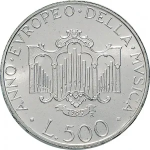 Repubblica Italiana Lire 1946 2001 Repubblica Italiana Emissioni in argento confezionate 500 lire 1985 Anno europeo della musica 29 mm 10,945 11,055 g Ag rovescio