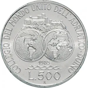 Repubblica Italiana Lire 1946 2001 Repubblica Italiana Emissioni in argento confezionate 500 lire 1985 Collegio del Mondo Unito dellAdriatico 29 mm 10,945 11,055 g Ag rovescio