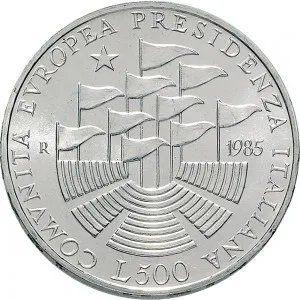 Repubblica Italiana Lire 1946 2001 Repubblica Italiana Emissioni in argento confezionate 500 lire 1985 Presidenza italiana Comunit europea 1 tipo 29 mm 10,945 11,055 g Ag rovescio