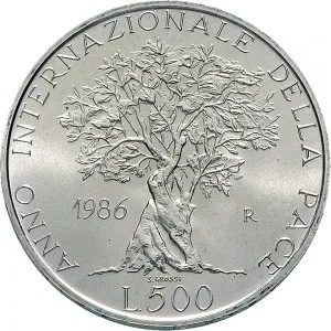 Repubblica Italiana Lire 1946 2001 Repubblica Italiana Emissioni in argento confezionate 500 lire 1986 Anno internazionale della pace 29 mm 10,945 11,055 g Ag rovescio