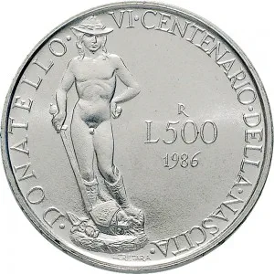 Repubblica Italiana Lire 1946 2001 Repubblica Italiana Emissioni in argento confezionate 500 lire 1986 Donatello 29 mm 10,945 11,055 g Ag rovescio