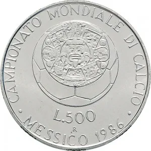 Repubblica Italiana Lire 1946 2001 Repubblica Italiana Emissioni in argento confezionate 500 lire 1986 Mondiali di calcio Messico 29 mm 10,945 11,055 g Ag rovescio