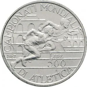 Repubblica Italiana Lire 1946 2001 Repubblica Italiana Emissioni in argento confezionate 500 lire 1987 Mondiali di atletica Roma 29 mm 10,945 11,055 g Ag rovescio