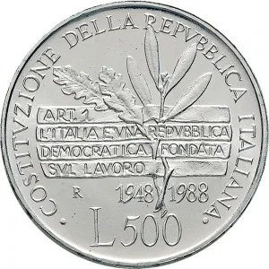 Repubblica Italiana Lire 1946 2001 Repubblica Italiana Emissioni in argento confezionate 500 lire 1988 Costituzione italiana 29 mm 10,945 11,055 g Ag rovescio