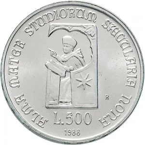 Repubblica Italiana Lire 1946 2001 Repubblica Italiana Emissioni in argento confezionate 500 lire 1988 Universit di Bologna 29 mm 10,945 11,055 g Ag rovescio