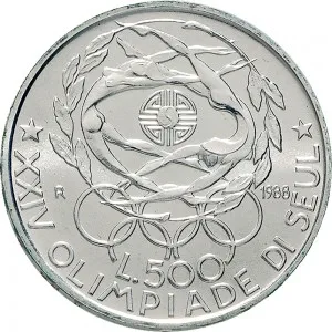 Repubblica Italiana Lire 1946 2001 Repubblica Italiana Emissioni in argento confezionate 500 lire 1988 XXIV Olimpiade di Seul 29 mm 10,945 11,055 g Ag rovescio