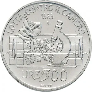 Repubblica Italiana Lire 1946 2001 Repubblica Italiana Emissioni in argento confezionate 500 lire 1989 Lotta contro il cancro 29 mm 10,945 11,055 g Ag rovescio