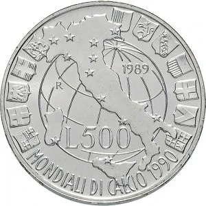 Repubblica Italiana Lire 1946 2001 Repubblica Italiana Emissioni in argento confezionate 500 lire 1989 Mondiali di calcio Italia '90 1 tipo 29 mm 10,945 11,055 g Ag rovescio