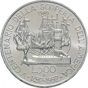Repubblica Italiana Lire 1946 2001 Repubblica Italiana Emissioni in argento confezionate 500 lire 1989 Scoperta dell'America 1 tipo 29 mm 10,945 11,055 g Ag rovescio