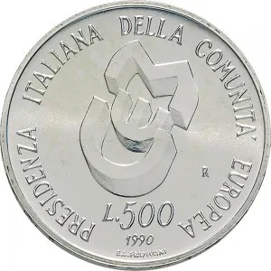 Repubblica Italiana Lire 1946 2001 Repubblica Italiana Emissioni in argento confezionate 500 lire 1990 Presidenza italiana Comunit europea 2 tipo 29 mm 10,945 11,055 g Ag rovescio