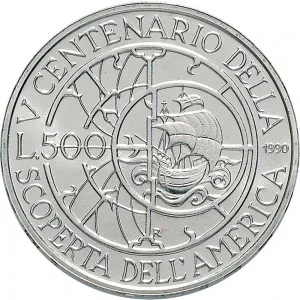 Repubblica Italiana Lire 1946 2001 Repubblica Italiana Emissioni in argento confezionate 500 lire 1990 Scoperta dell'America 2 tipo 29 mm 10,945 11,055 g Ag rovescio