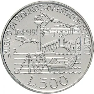 Repubblica Italiana Lire 1946 2001 Repubblica Italiana Emissioni in argento confezionate 500 lire 1991 Antonio Vivaldi 29 mm 10,945 11,055 g Ag rovescio