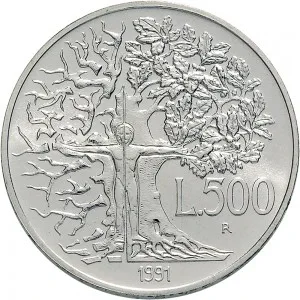 Repubblica Italiana Lire 1946 2001 Repubblica Italiana Emissioni in argento confezionate 500 lire 1991 Flora e fauna da salvare 1 tipo 32 mm 14,945 15,055 g Ag rovescio