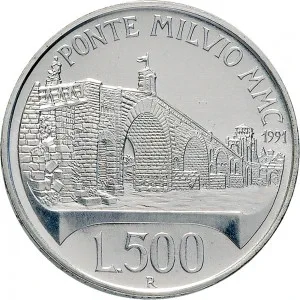 Repubblica Italiana Lire 1946 2001 Repubblica Italiana Emissioni in argento confezionate 500 lire 1991 Ponte Milvio 32 mm 14,945 15,055 g Ag rovescio