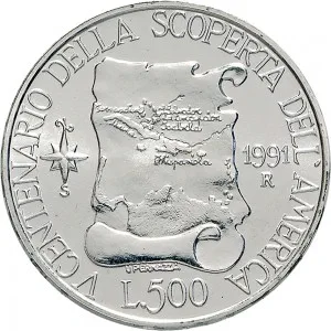 Repubblica Italiana Lire 1946 2001 Repubblica Italiana Emissioni in argento confezionate 500 lire 1991 Scoperta dell'America 3 tipo 29 mm 10,945 11,055 g Ag rovescio
