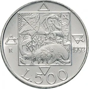 Repubblica Italiana Lire 1946 2001 Repubblica Italiana Emissioni in argento confezionate 500 lire 1992 Flora e fauna da salvare 2 tipo 32 mm 14,945 15,055 g Ag rovescio