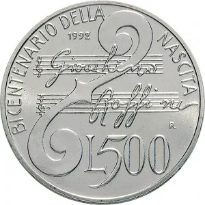 Repubblica Italiana Lire 1946 2001 Repubblica Italiana Emissioni in argento confezionate 500 lire 1992 Gioacchino Rossini 32 mm 14,945 15,055 g Ag rovescio