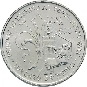 Repubblica Italiana Lire 1946 2001 Repubblica Italiana Emissioni in argento confezionate 500 lire 1992 Lorenzo de' Medici 32 mm 14,945 15,055 g Ag rovescio