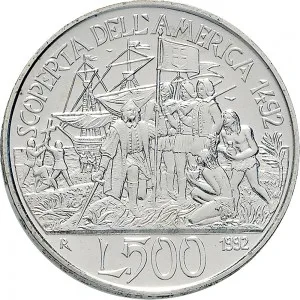 Repubblica Italiana Lire 1946 2001 Repubblica Italiana Emissioni in argento confezionate 500 lire 1992 Scoperta dell'America 4 tipo 29 mm 10,945 11,055 g Ag rovescio