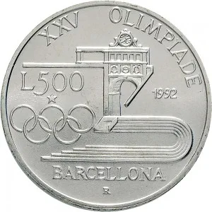 Repubblica Italiana Lire 1946 2001 Repubblica Italiana Emissioni in argento confezionate 500 lire 1992 XXV Olimpiade di Barcellona 32 mm 14,945 15,055 g Ag rovescio