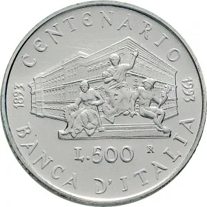 Repubblica Italiana Lire 1946 2001 Repubblica Italiana Emissioni in argento confezionate 500 lire 1993 Banca d'Italia 29 mm 10,945 11,055 g Ag rovescio