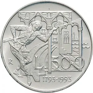 Repubblica Italiana Lire 1946 2001 Repubblica Italiana Emissioni in argento confezionate 500 lire 1993 Carlo Goldoni 29 mm 10,945 11,055 g Ag rovescio