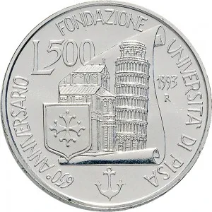 Repubblica Italiana Lire 1946 2001 Repubblica Italiana Emissioni in argento confezionate 500 lire 1993 Universit di Pisa 1 tipo 32 mm 14,945 15,055 g Ag rovescio