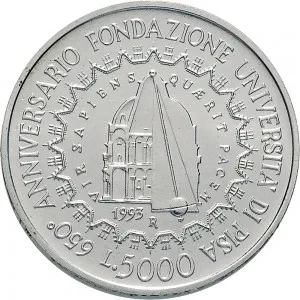 Repubblica Italiana Lire 1946 2001 Repubblica Italiana Emissioni in argento confezionate 5.000 lire 1993 Universit di Pisa 2 tipo 32 mm 17,91 18,09 g Ag rovescio