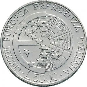 Repubblica Italiana Lire 1946 2001 Repubblica Italiana Emissioni in argento confezionate 5.000 lire 1996 Presidenza italiana Unione europea 32 mm 17,91 18,09 g Ag rovescio