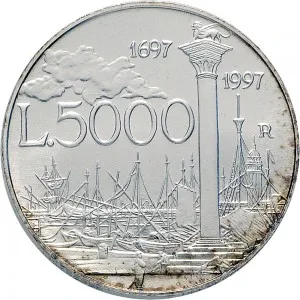 Repubblica Italiana Lire 1946 2001 Repubblica Italiana Emissioni in argento confezionate 5.000 lire 1997 Canaletto 32 mm 17,91 18,09 g Ag rovescio