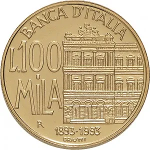 Repubblica Italiana Lire 1946 2001 Repubblica Italiana Emissioni in oro confezionate 100.000 lire 1993 Banca d'Italia 25 mm 14,925 15,075 g Au rovescio