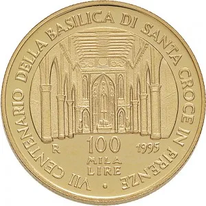 Repubblica Italiana Lire 1946 2001 Repubblica Italiana Emissioni in oro confezionate 100.000 lire 1995 Basilica di Santa Croce 25 mm 14,925 15,075 g Au rovescio