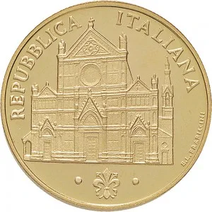 Repubblica Italiana Lire 1946 2001 Repubblica Italiana Emissioni in oro confezionate 100.000 lire 1995 Basilica di Santa Croce 25 mm 14,925 15,075 g Au dritto