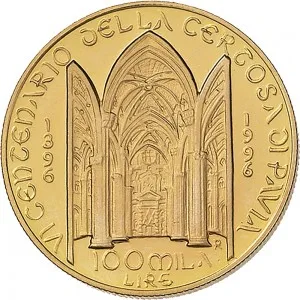 Repubblica Italiana Lire 1946 2001 Repubblica Italiana Emissioni in oro confezionate 100.000 lire 1996 Certosa di Pavia 25 mm 14,925 15,075 g Au rovescio