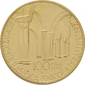 Repubblica Italiana Lire 1946 2001 Repubblica Italiana Emissioni in oro confezionate 100.000 lire 1997 Basilica di San Nicola 25 mm 14,925 15,075 g Au rovescio