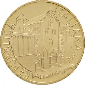 Repubblica Italiana Lire 1946 2001 Repubblica Italiana Emissioni in oro confezionate 100.000 lire 1997 Basilica di San Nicola 25 mm 14,925 15,075 g Au dritto