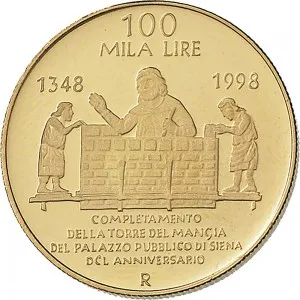 Repubblica Italiana Lire 1946 2001 Repubblica Italiana Emissioni in oro confezionate 100.000 lire 1998 Torre del Mangia 25 mm 14,925 15,075 g Au rovescio