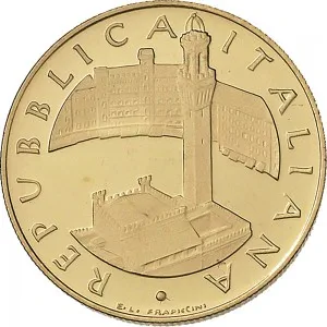 Repubblica Italiana Lire 1946 2001 Repubblica Italiana Emissioni in oro confezionate 100.000 lire 1998 Torre del Mangia 25 mm 14,925 15,075 g Au dritto