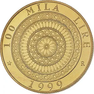 Repubblica Italiana Lire 1946 2001 Repubblica Italiana Emissioni in oro confezionate 100.000 lire 1999 Basilica di San Francesco 25 mm 14,925 15,075 g Au rovescio