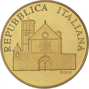 Repubblica Italiana Lire 1946 2001 Repubblica Italiana Emissioni in oro confezionate 100.000 lire 1999 Basilica di San Francesco 25 mm 14,925 15,075 g Au dritto