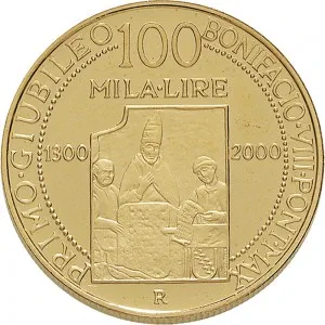 Repubblica Italiana Lire 1946 2001 Repubblica Italiana Emissioni in oro confezionate 100.000 lire 2000 Primo Giubileo 25 mm 14,925 15,075 g Au rovescio