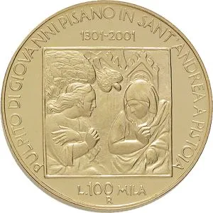 Repubblica Italiana Lire 1946 2001 Repubblica Italiana Emissioni in oro confezionate 100.000 lire 2001 Pulpito di Giovanni Pisano 25 mm 14,925 15,075 g Au rovescio