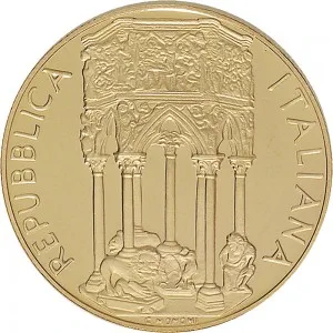 Repubblica Italiana Lire 1946 2001 Repubblica Italiana Emissioni in oro confezionate 100.000 lire 2001 Pulpito di Giovanni Pisano 25 mm 14,925 15,075 g Au dritto