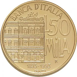 Repubblica Italiana Lire 1946 2001 Repubblica Italiana Emissioni in oro confezionate 50.000 lire 1993 Banca d'Italia 20 mm 7,4625 7,5375 g Au rovescio